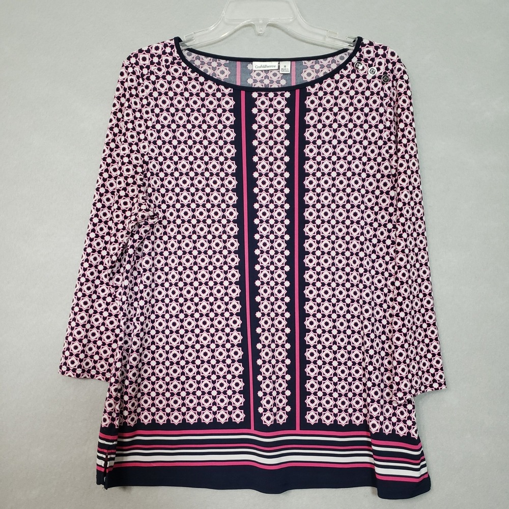 Croft & Barrow Womens M 3/4 Sleeve Top Navy Pink Geometric Tile Print Blouse